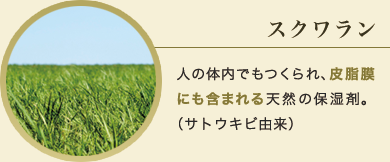 スクワラン 人の体内でもつくられ、皮脂膜にも含まれる天然の保湿剤。（サトウキビ由来）