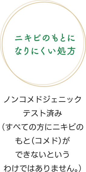 ニキビのもとになりにくい処方　ノンコメドジェニックテスト済み（すべての方にニキビのもと（コメド）ができないというわけではありません。）